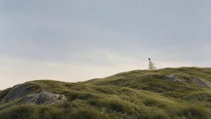A small figure standing on a grassy hillside under a pale sky
